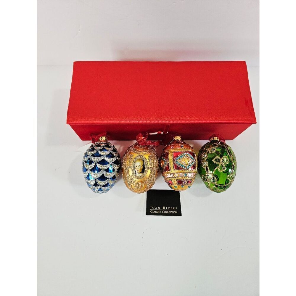 Vintage Joan Rivers Colorful Russian Faberge Style Blown Glass Egg Ornament Set